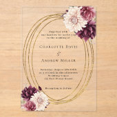 ベージュブルゴーニュアイボリー花模様澄ん金ゴールド結婚ズ アクリル招待状 (正面)