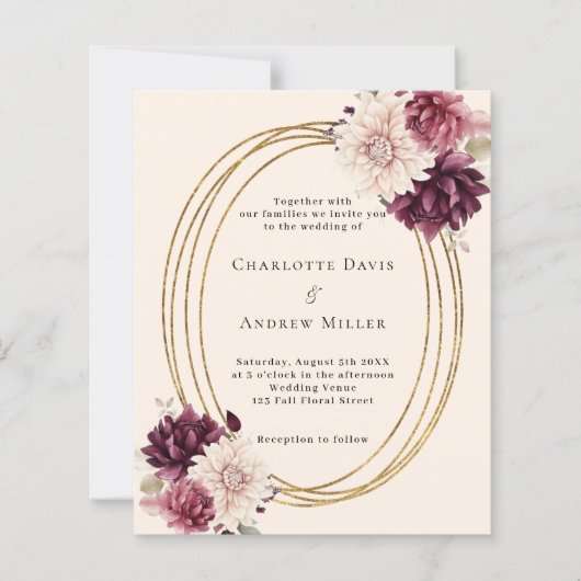 ベージュブルゴーニュアイボリー花模様結婚式招待状 (正面)