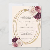 ベージュブルゴーニュアイボリー花模様金ゴールド結婚フレーム 招待状 (正面)