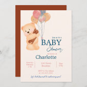 ベージュブルーかわいいクマとバルーン赤ちゃんシャワー 招待状 (正面/裏面)