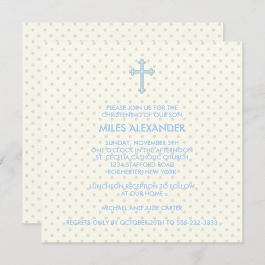 ベージュブルーエレガントクロスボーイズ《キリスト教》洗礼式や命名式 招待状 (正面/裏面)