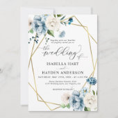 ベージュブルーエレガントフローラ金ゴールドフレ結婚ーム 招待状 (正面)
