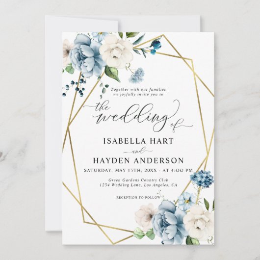 ベージュブルーエレガントフローラ金ゴールドフレ結婚ーム 招待状 (正面)