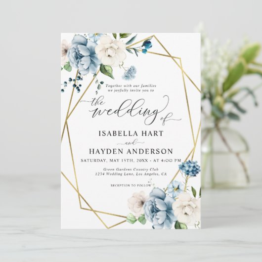 ベージュブルーエレガントフローラ金ゴールドフレ結婚ーム 招待状 (スタンド正面)
