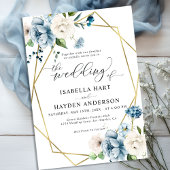 ベージュブルーエレガントフローラ金ゴールドフレ結婚ーム 招待状