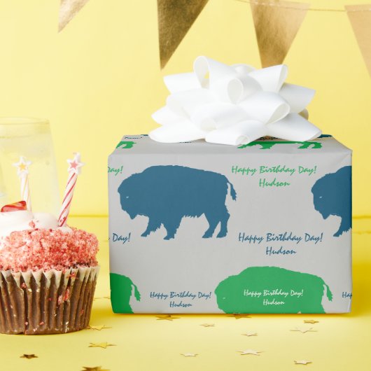 ベージュブルーグリーン素朴バッファローカスタムカラー ラッピングペーパー (誕生日パーティー)