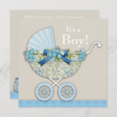 ベージュブルーベビーキャリッジボーイシャワー 招待状 (正面/裏面)