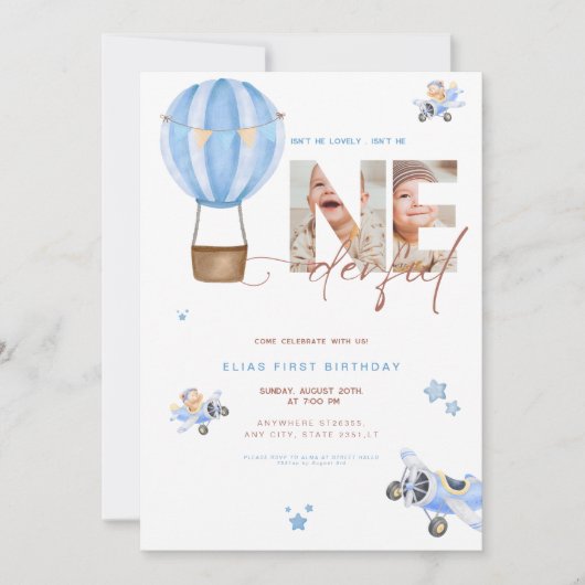 ベージュブルー熱気球オンダーフル1歳の誕生日 招待状 (正面)