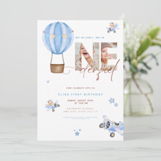 ベージュブルー熱気球オンダーフル1歳の誕生日 招待状 (スタンド正面)