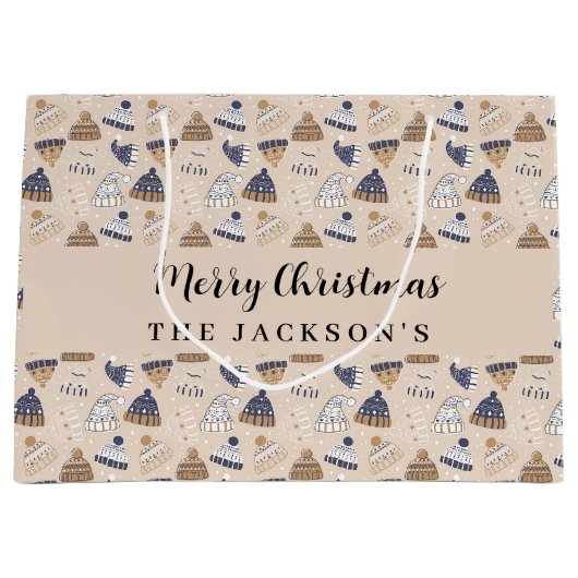 ベージュブルー編冬衣服北欧クリスマス ラージペーパーバッグ (正面)