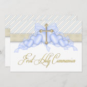 ベージュブルー金ゴールドクロスボーイズブルーファースト 招待状 (正面/裏面)