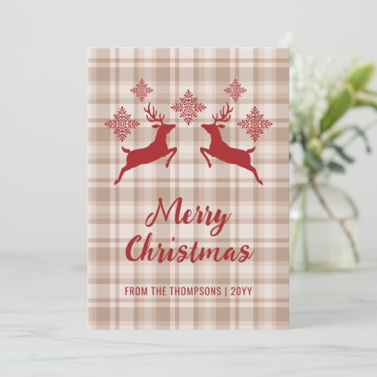 ベージュプライド赤い鹿の雪の結晶メリークリスマス シーズンカード (スタンド正面)