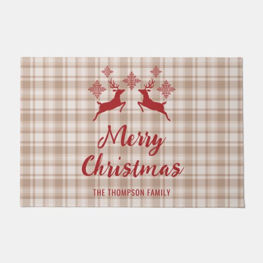 ベージュプライド赤い鹿メリークリスマス名前をカスタムする ドアマット (正面)