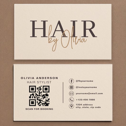 ベージュペーパーQRコードヘアスタイリストモダン 名刺