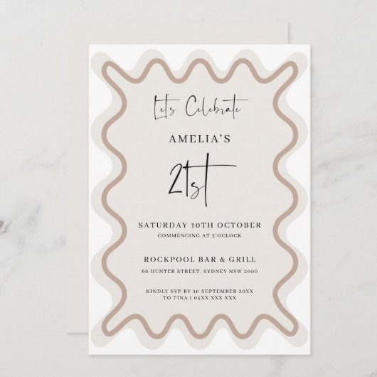 ベージュホワイトウェー縁どブ21歳誕生日招待状 招待状 (正面/裏面)