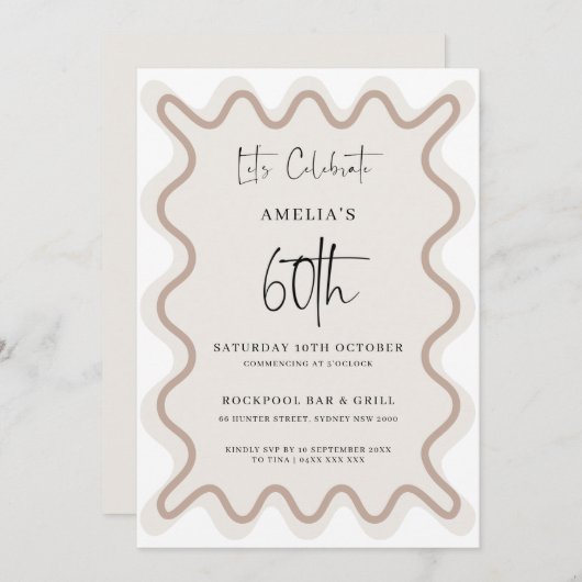 ベージュホワイトウェー縁どブ60番目の誕生日招待状 招待状 (正面/裏面)
