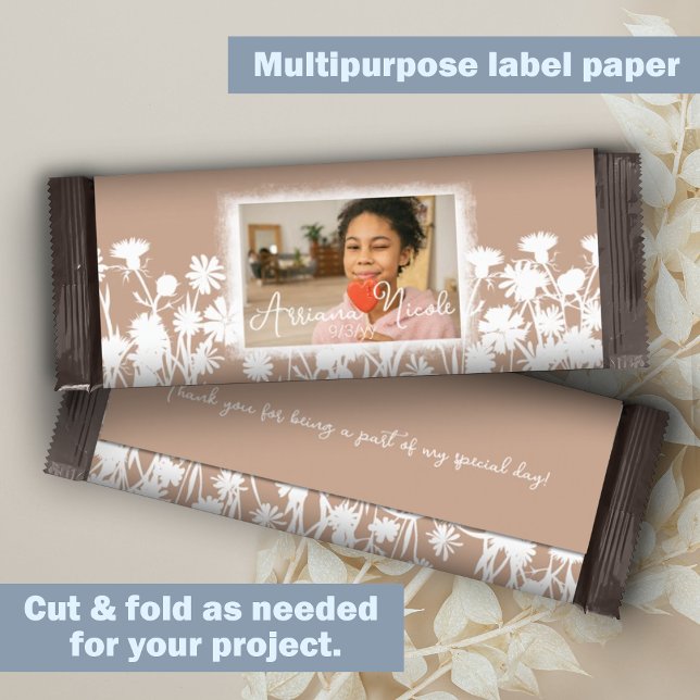 ベージュホワイトバルミツワーカスタムバーラッパ (beige, white botanical wild flowers bat mitzvah cheap chocolate bar wrapper DIY)