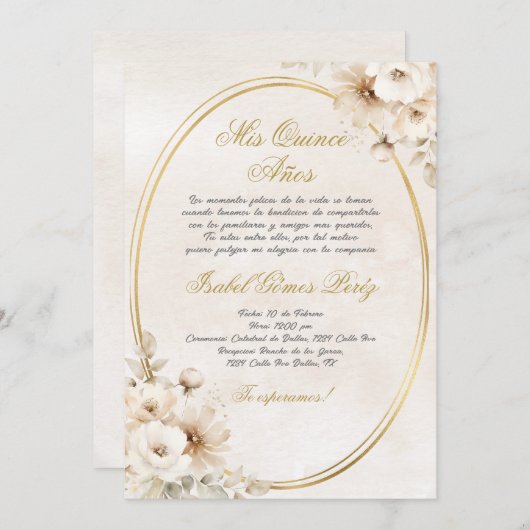 ベージュホワイトフラワースペインのキンセアニェラ 招待状 (正面/裏面)