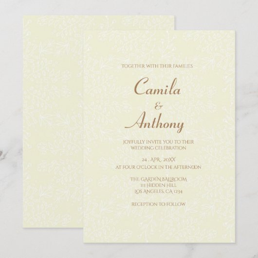 ベージュホワイトフローラルパターンフルプリントウェッ縁どディ 招待状 (正面/裏面)