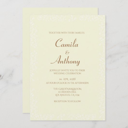 ベージュホワイトフローラルパター縁どン結婚プリント 招待状 (正面/裏面)