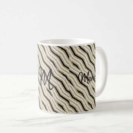 ベージュホワイトブラックストライプマグ コーヒーマグカップ (正面右)