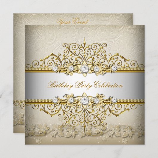 ベージュホワイト金ゴールドクリームエレガントパーティー 招待状 (正面/裏面)