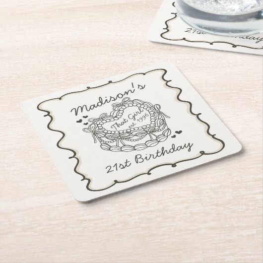 ベージュボウザガールハートコケットケーキ誕生日 スクエアペーパーコースター (アングル)