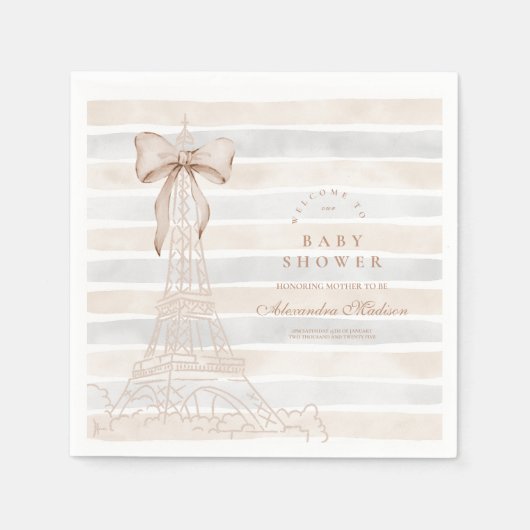 ベージュボウボンジュールベビーベイビーシャワー スタンダードカクテルナプキン (正面)