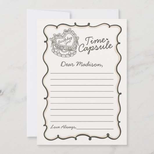 ベージュボウレトロハートコケットケーキタイムカプセル 招待状 (正面)