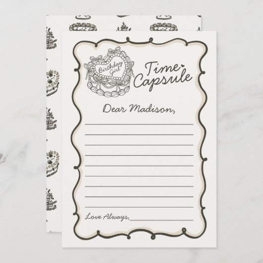 ベージュボウレトロハートコケットケーキタイムカプセル 招待状 (正面/裏面)