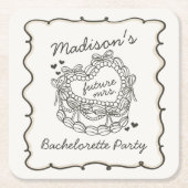 ベージュボウレトロハートコケットケーキバチェロレッテ スクエアペーパーコースター (正面)