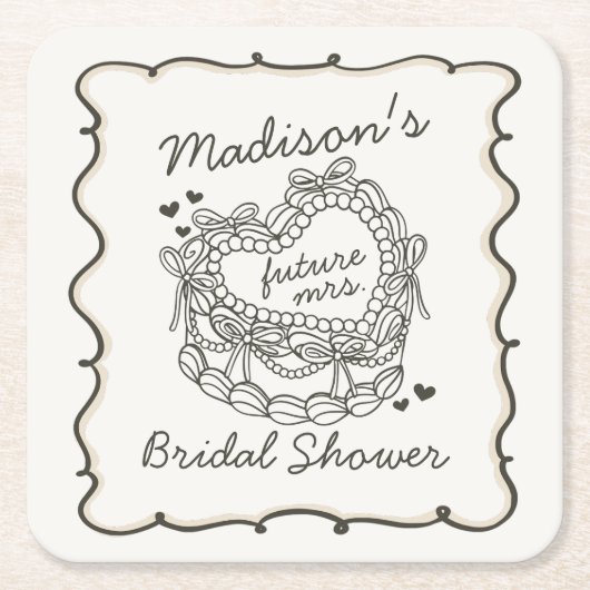 ベージュボウレトロハートコケットケーキブライダルシャワー スクエアペーパーコースター (正面)