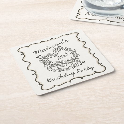 ベージュボウレトロハートコケットケーキ誕生日 スクエアペーパーコースター (アングル)