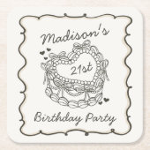 ベージュボウレトロハートコケットケーキ誕生日 スクエアペーパーコースター (正面)