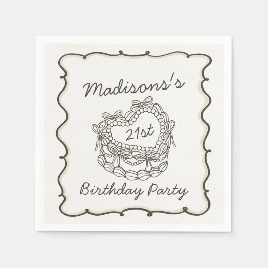 ベージュボウレトロハートコケットケーキ誕生日 スタンダードカクテルナプキン (正面)