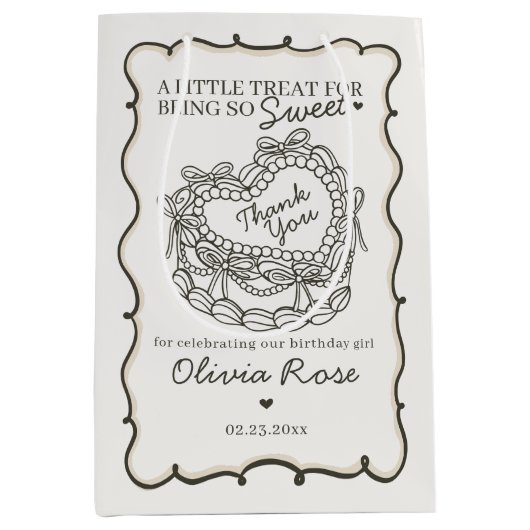 ベージュボウレトロハートコケットケーキ誕生日 ミディアムペーパーバッグ (正面)