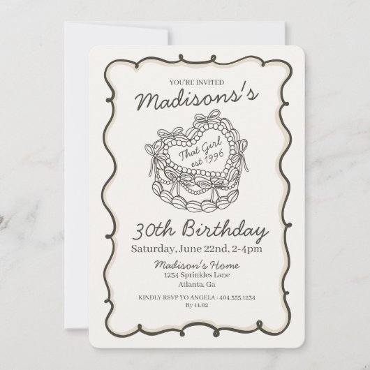 ベージュボウレトロハートコケットケーキ誕生日 招待状 (正面)