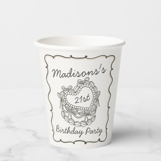 ベージュボウレトロハートコケットケーキ誕生日 紙コップ (正面)