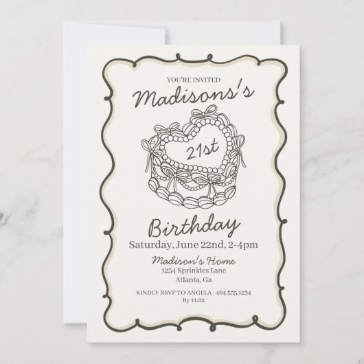 ベージュボウレトロハートコケットケーキ21歳の誕生日 招待状 (正面)