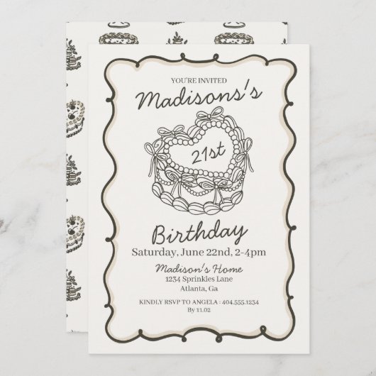 ベージュボウレトロハートコケットケーキ21歳の誕生日 招待状 (正面/裏面)