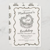 ベージュボウレトロハートコケットケーキ21歳の誕生日 招待状 (正面/裏面)