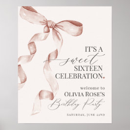 ベージュボウSweet sixteen誕生日ウェルカムサイン ポスター