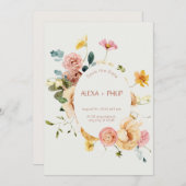 ベージュボホフローラウェディング日付を保存 招待状 (正面/裏面)