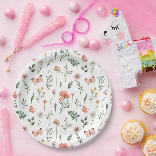 ベージュボホワイルドフラワーパターン(の模様が)あるズ紙プレート ペーパープレート (パーティー)