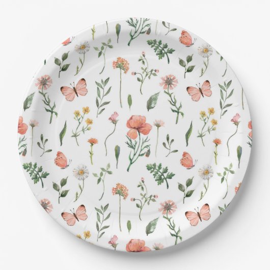 ベージュボホワイルドフラワーパターン（の模様が）あるズ紙プレート ペーパープレート (正面)