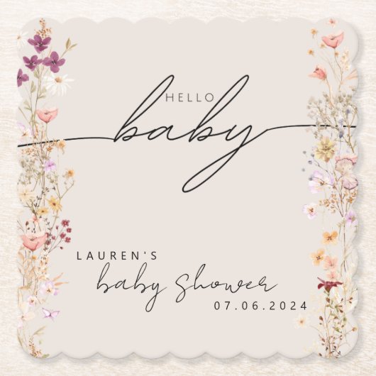 ベージュボホワイルドフラワーベビーシャワーテーブルデコール ペーパーコースター (正面)