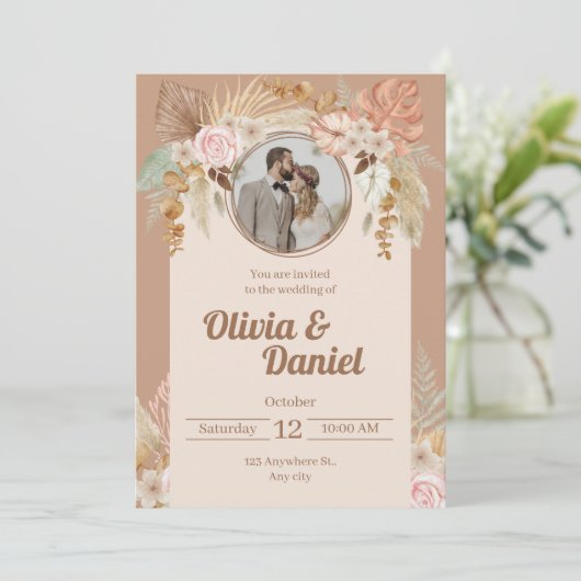 ベージュボホーウォーターカラーフラワーズ結婚式招待状 シーズンカード (スタンド正面)