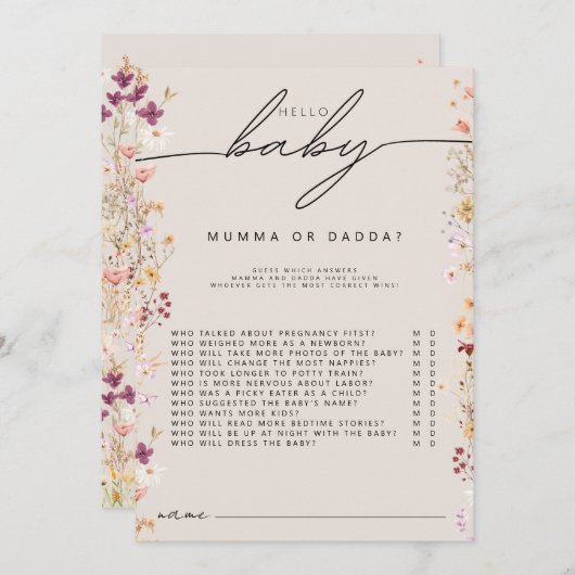 ベージュボホ野生の花の赤ちゃんシャワームームまたはパパゲーム アドバイスカード (正面/裏面)