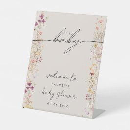 ベージュボホ野草の赤ちゃんシャワー歓迎サイン 台座サイン