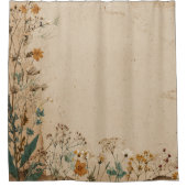 ベージュボーダー ラスティックボーホー ワイルドフラワー シャワーカーテン (正面)